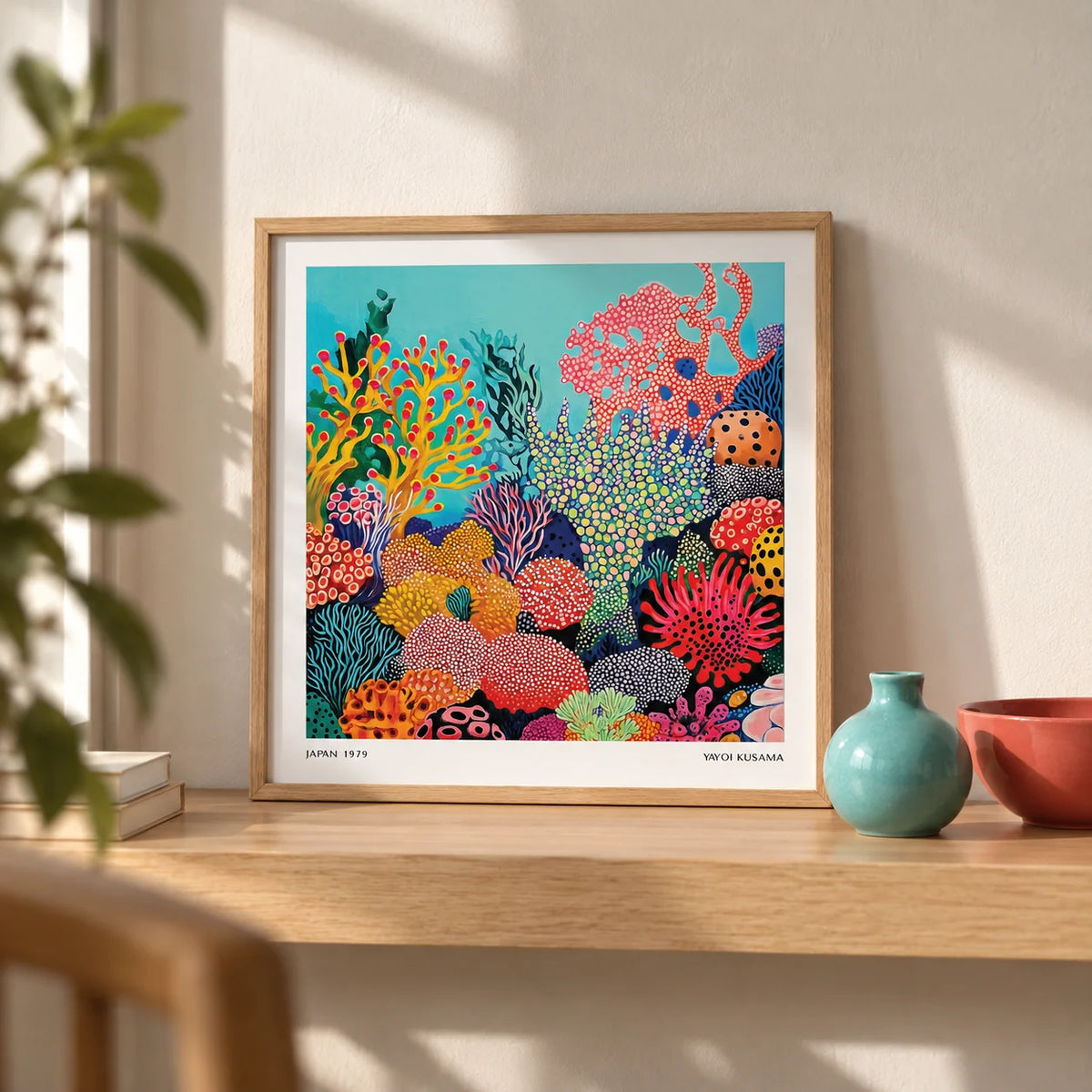 Tropical Sea Wall Art, a small A4 framed print leaning on a pale oak shelf in a living room