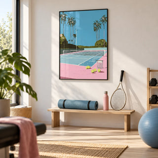 Tropical Tennis Wall Art, framed on the wall of a bright home gym with pale wood floors