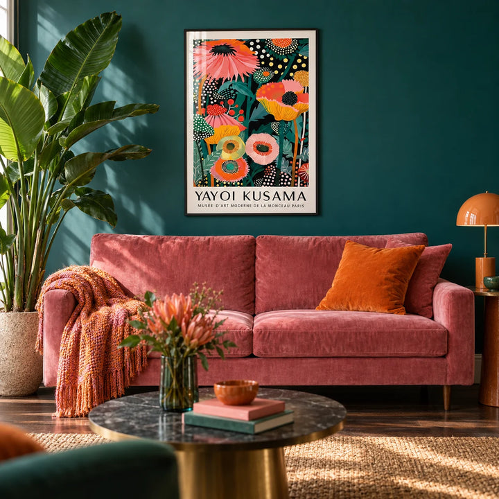 Tropical Wall Art, framed on the wall of a bold living room with a deep teal painted wall and a dark wood floor