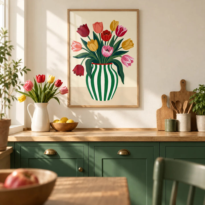 Tulip Art Print, framed on the wall of a bright kitchen with solid green painted cabinets and a cream wall