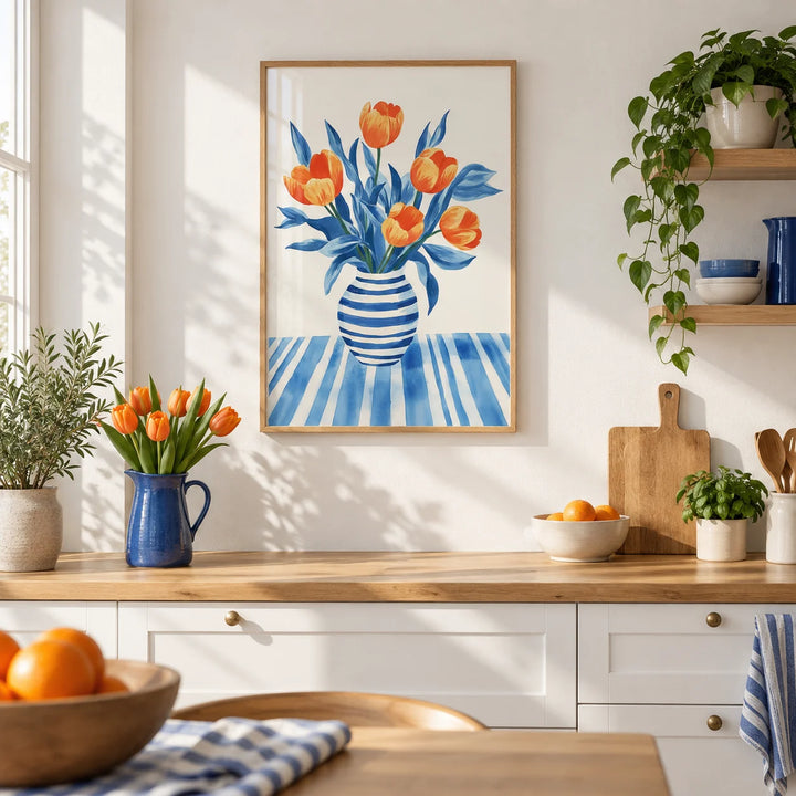 Tulip Wall Art, framed on the wall of a bright Scandi kitchen with white units and an oak worktop