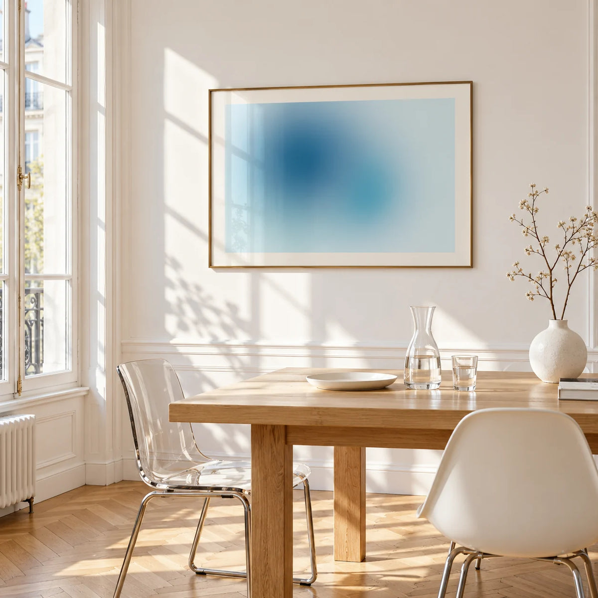 Turquoise Wall Art, framed on the wall of a bright dining corner