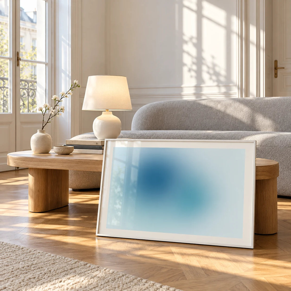 Turquoise Wall Art, framed and leaning against a coffee table in a bright living room
