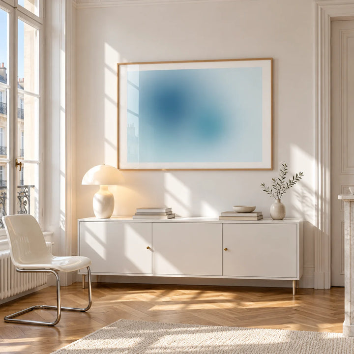 Turquoise Wall Art, framed on the wall of a bright Paris style apartment in a living room