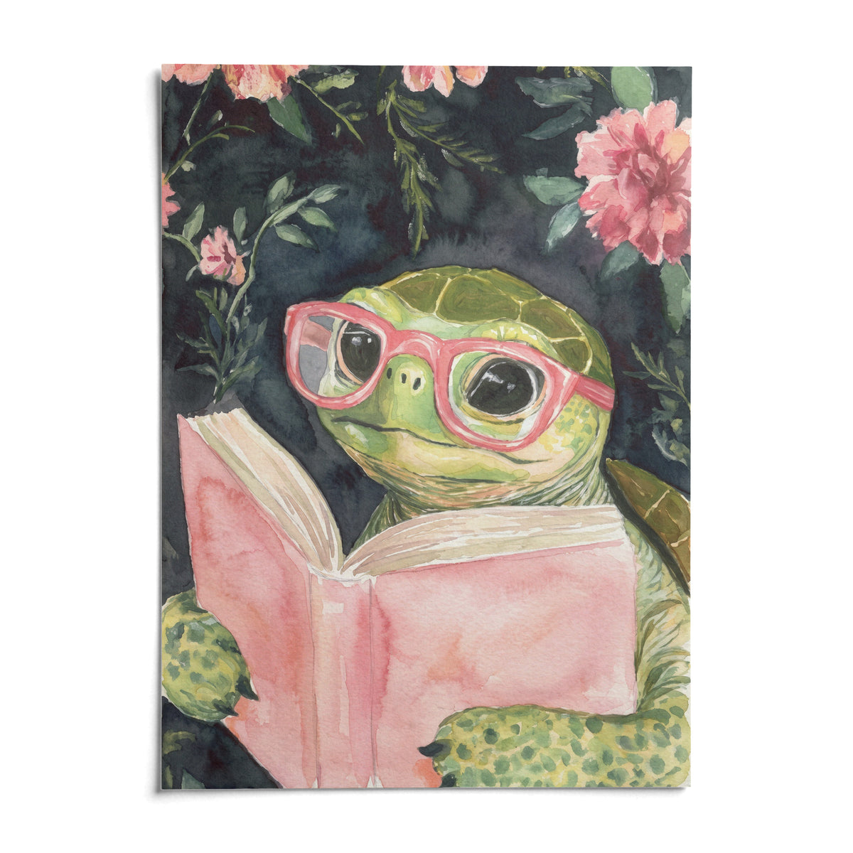 Turtle Reading Art Print, shown as an unframed paper print on a plain white background