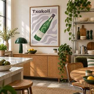Txakoli Poster hung above an oak sideboard in a creative apartment kitchen (frame not included)
