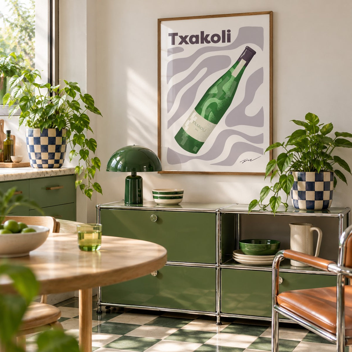 Txakoli Poster hung above a retro modular console in a playful kitchen (frame not included)