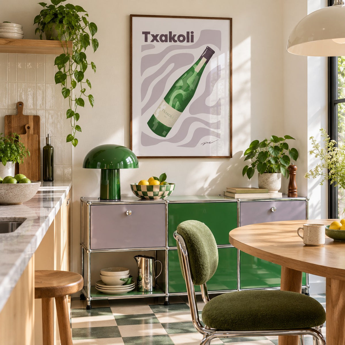 Txakoli Poster hung above a retro sideboard in a kitchen dining area (frame not included)