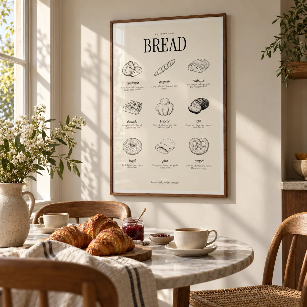 Types of Bread Print, framed on the wall of a breakfast nook in a kitchen
