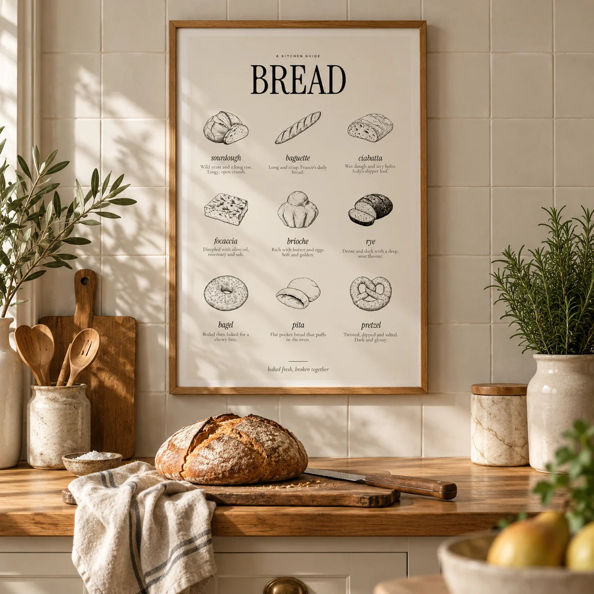 Types of Bread Print, framed on the wall of a warm kitchen