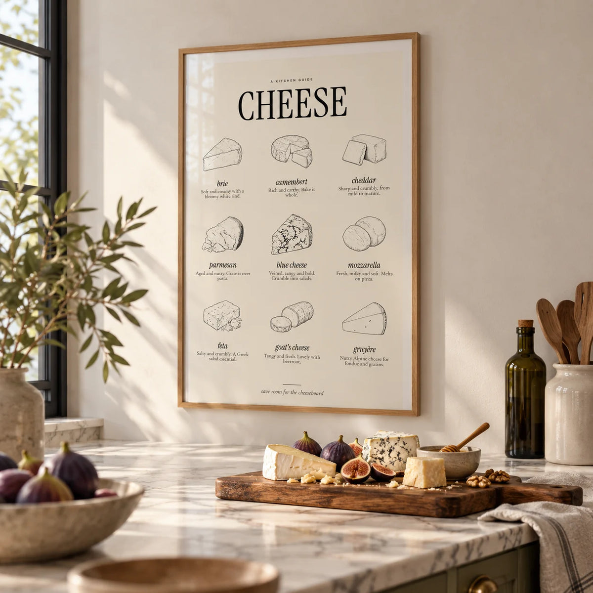 Types of Cheese Print, framed on the wall of a calm modern kitchen