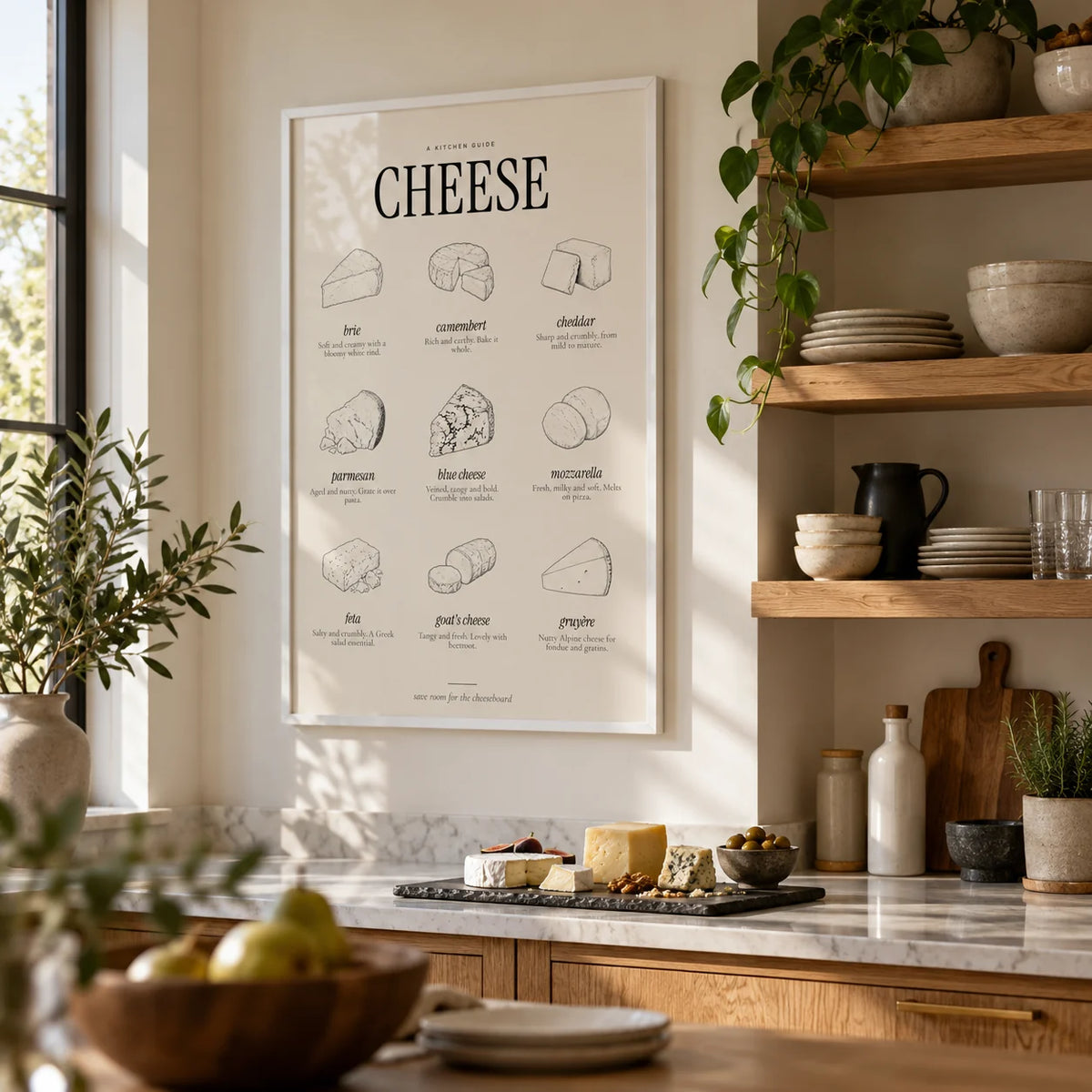 Types of Cheese Print, framed on the wall of a kitchen with open oak shelves of stoneware
