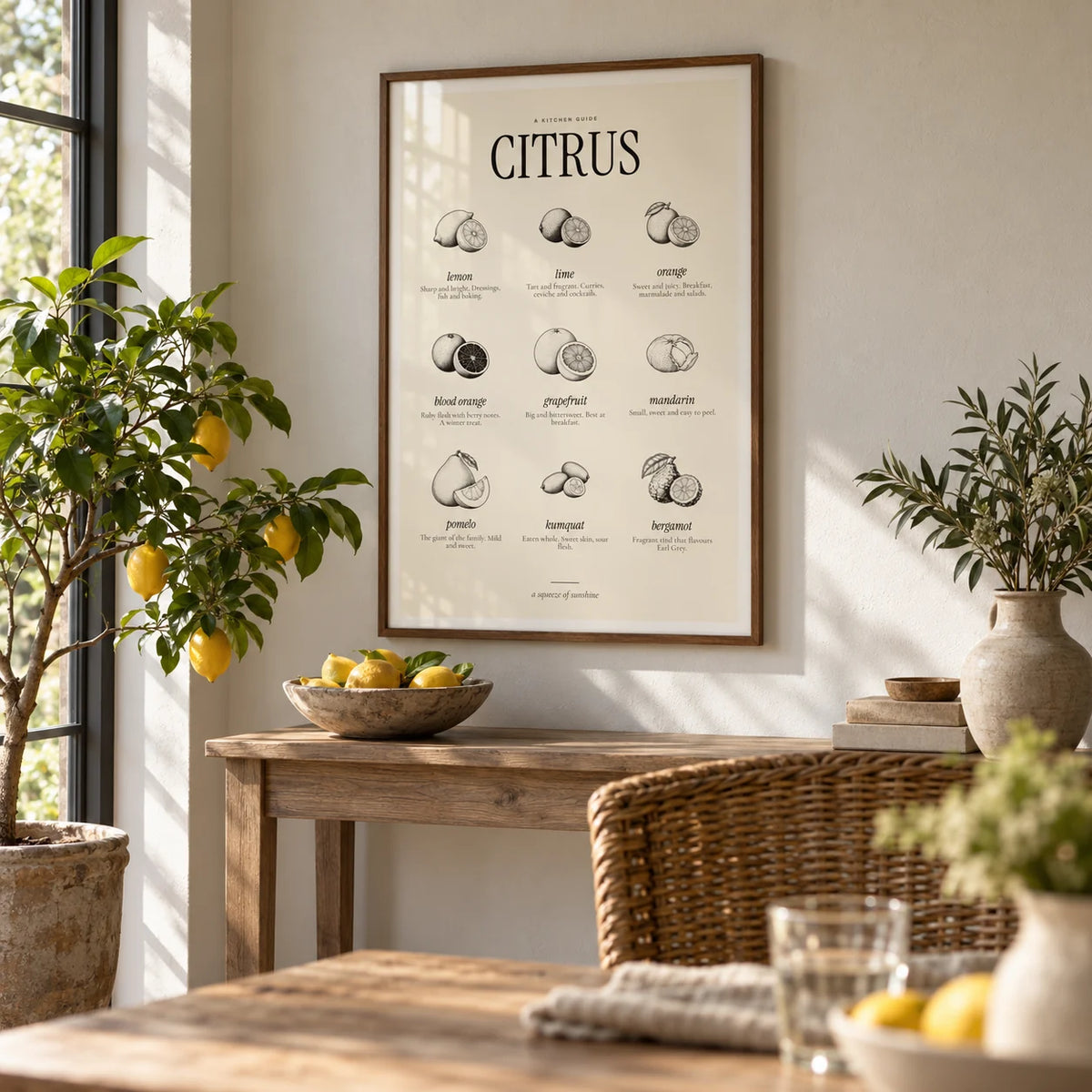 Types of Citrus Print, framed on the wall of a light garden room dining area