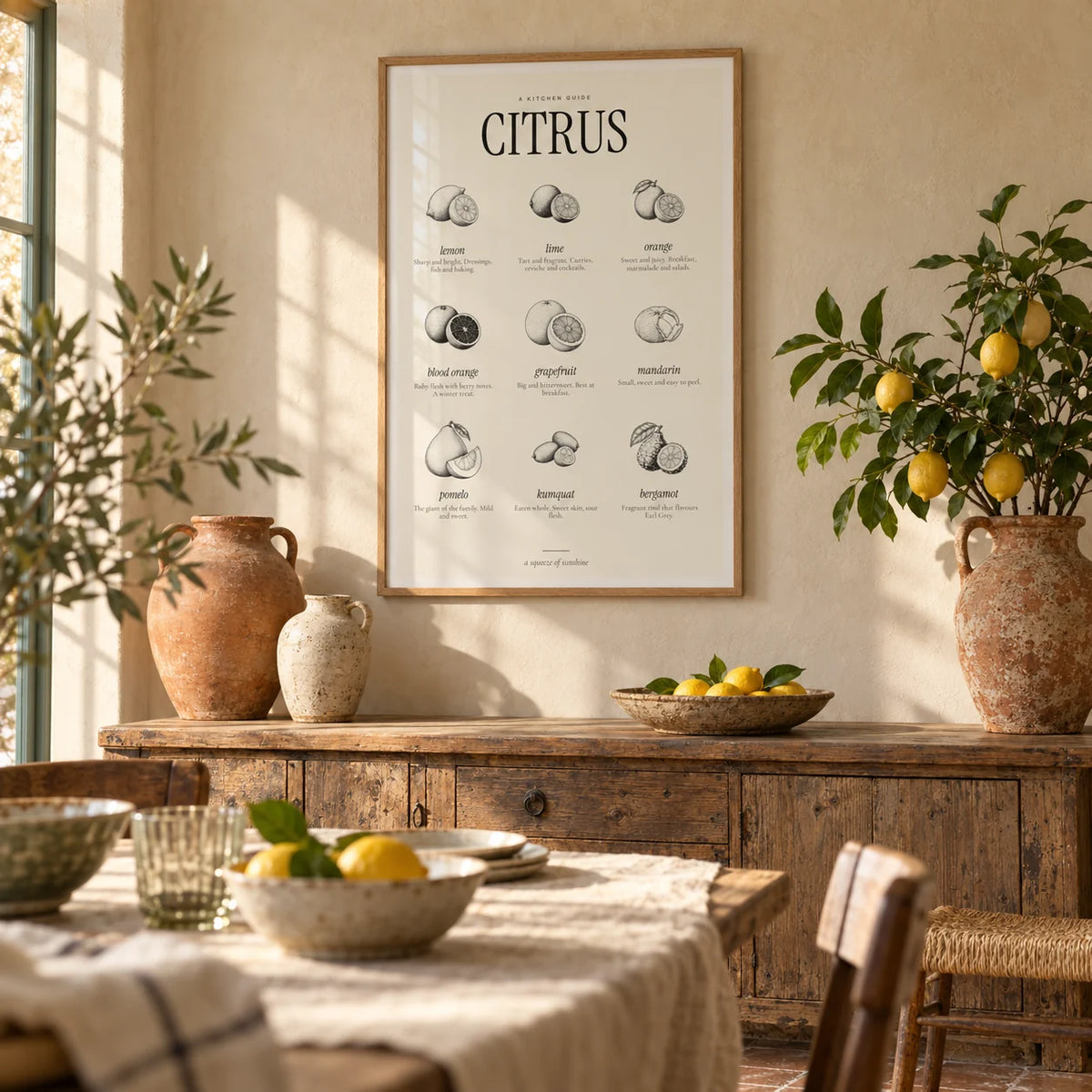 Types of Citrus Print, framed on the wall of a Mediterranean dining room