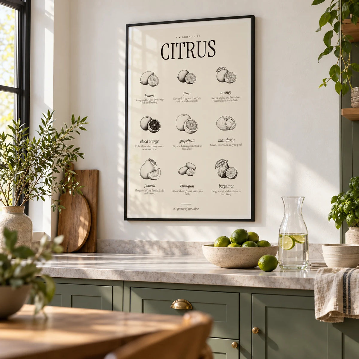 Types of Citrus Print, framed on the wall of a modern kitchen with sage green cabinets