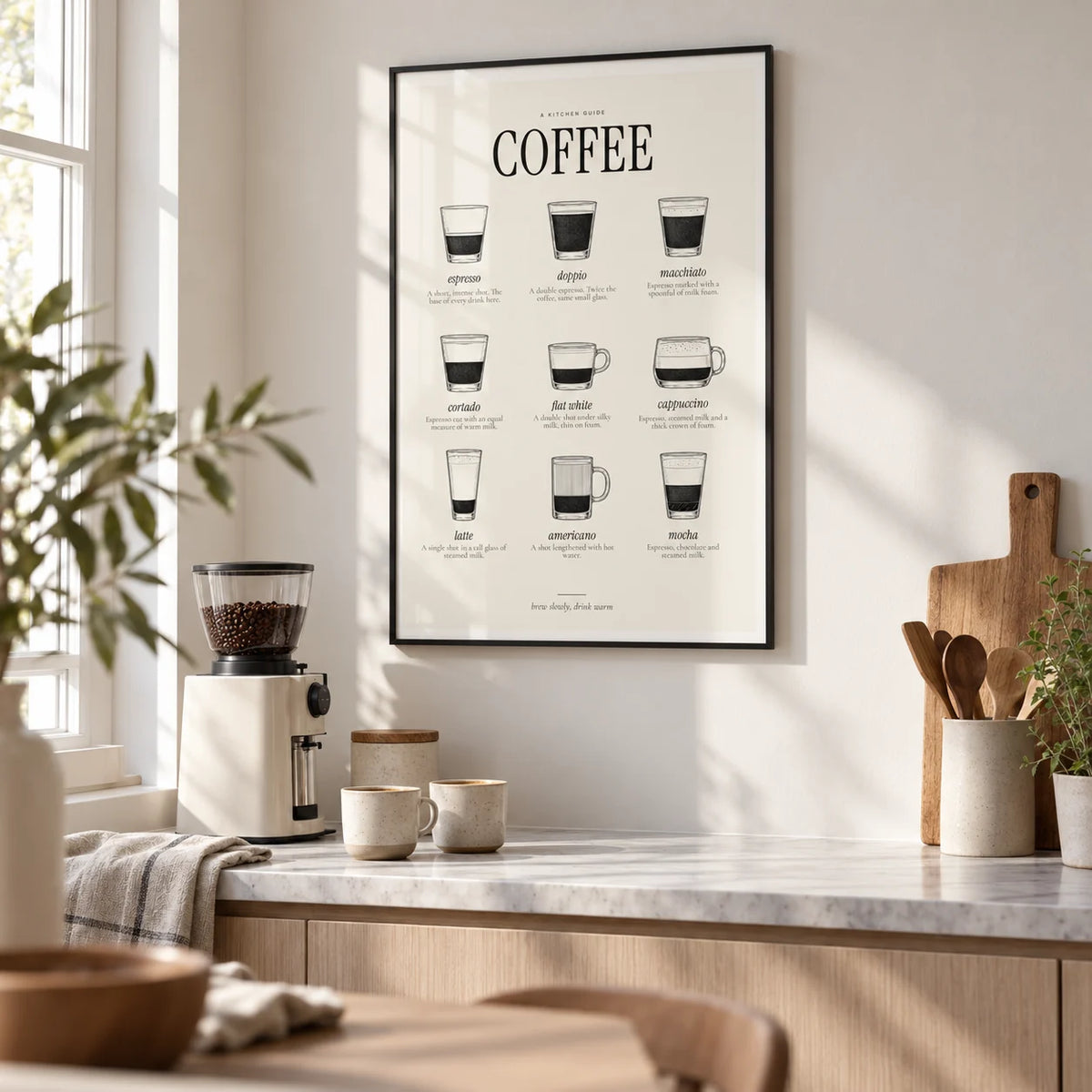 Types of Coffee Print, framed on the wall of a bright Scandinavian kitchen