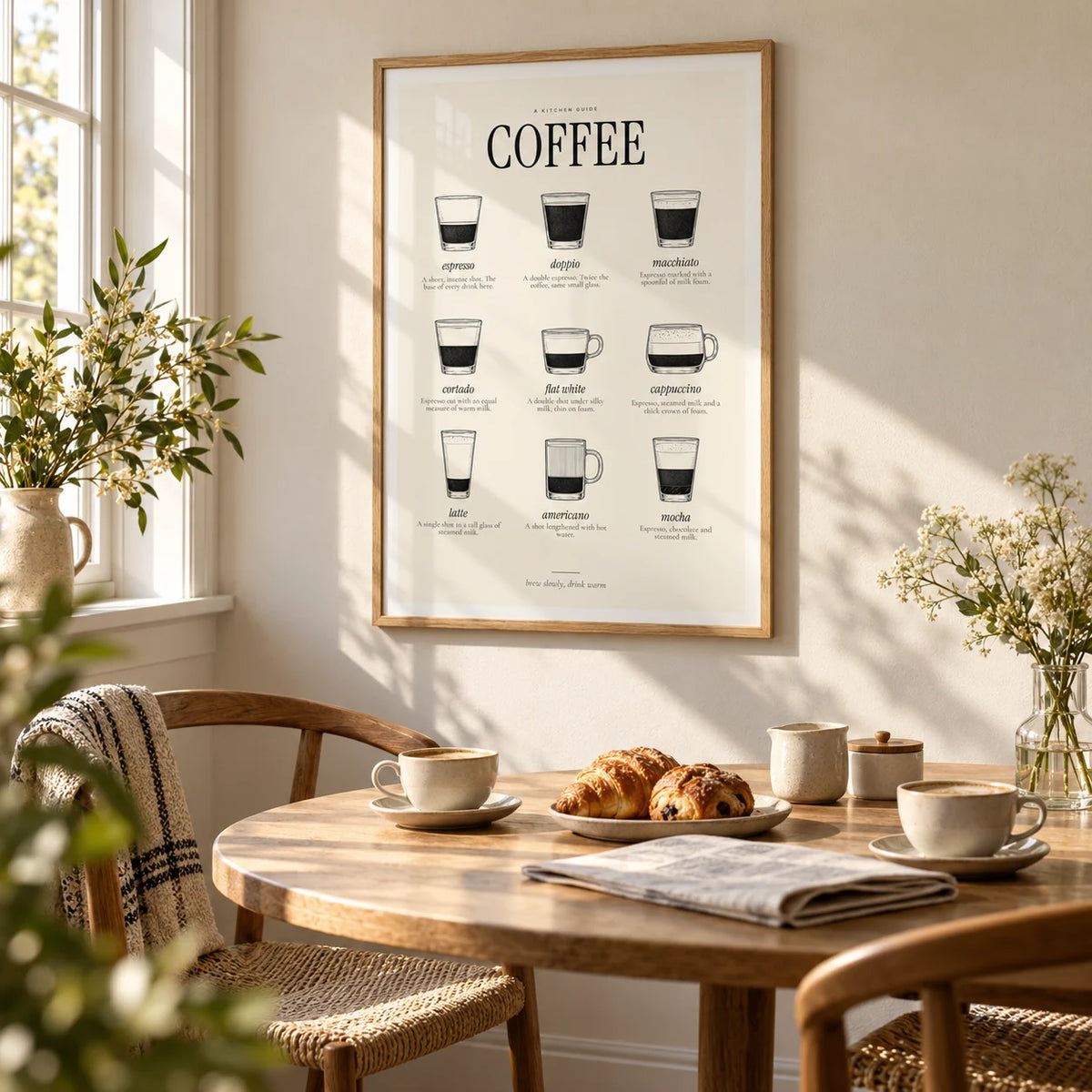 Types of Coffee Print, framed on the wall of a cosy breakfast nook in a kitchen