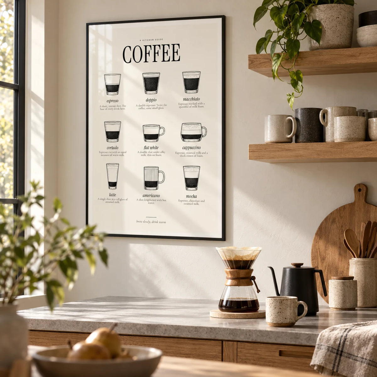 Types of Coffee Print, framed on the wall of a kitchen with open oak shelves of stoneware mugs