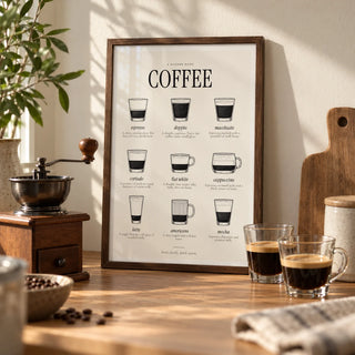 Types of Coffee Print, a small A4 framed print leaning on an oak worktop in a kitchen