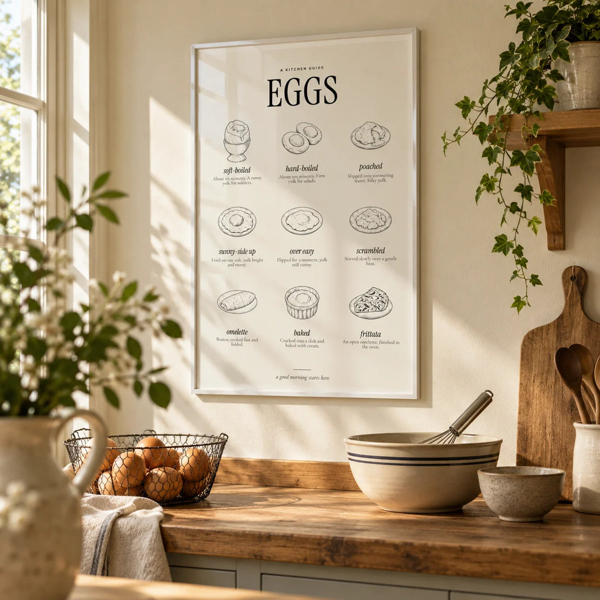 Types of Eggs Print, framed on the wall of a farmhouse kitchen