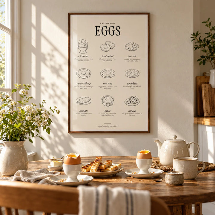 Types of Eggs Print, framed on the wall of a sunny breakfast nook in a kitchen