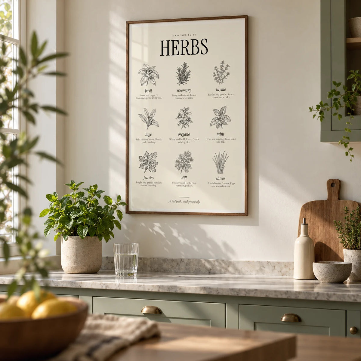Types of Herbs Print, framed on the wall of a calm modern kitchen with sage cabinets