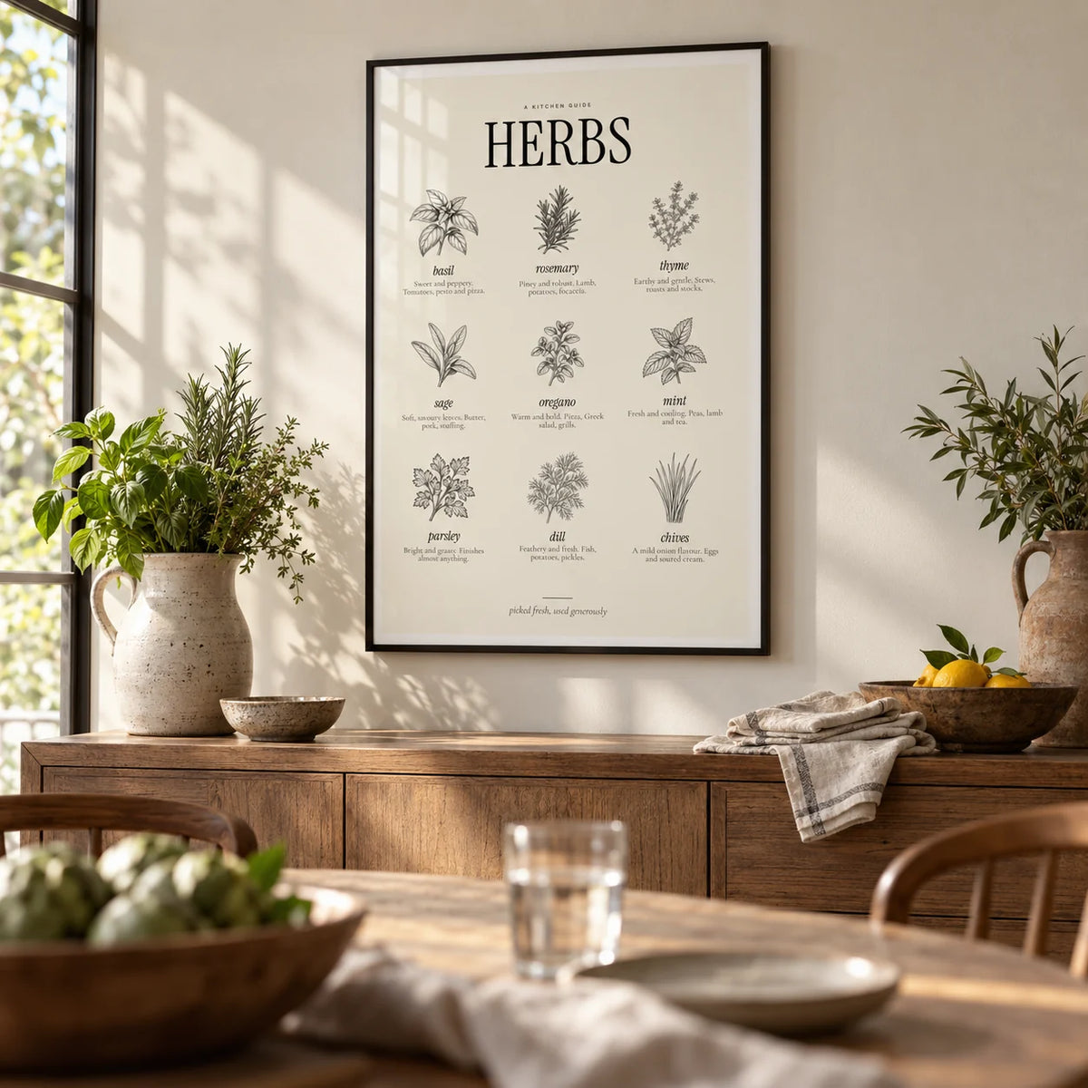 Types of Herbs Print, framed on the wall of a dining room
