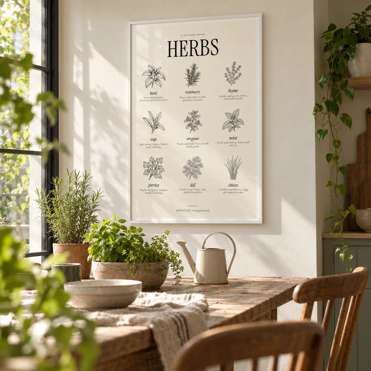 Types of Herbs Print, framed on the wall of a light garden room dining area