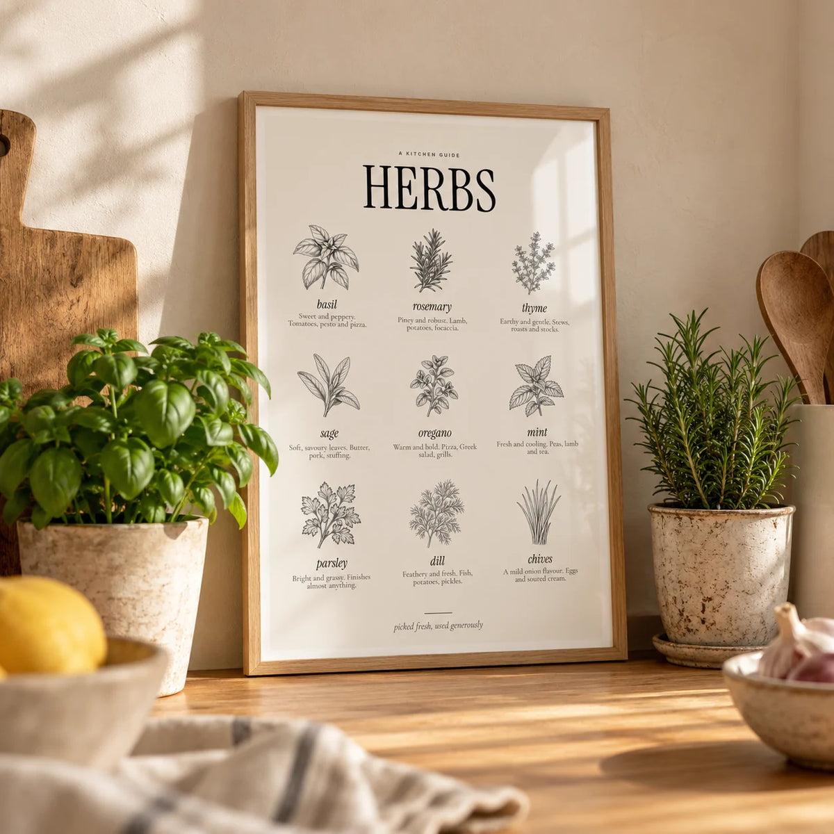 Types of Herbs Print, a small A4 framed print leaning on an oak worktop in a kitchen