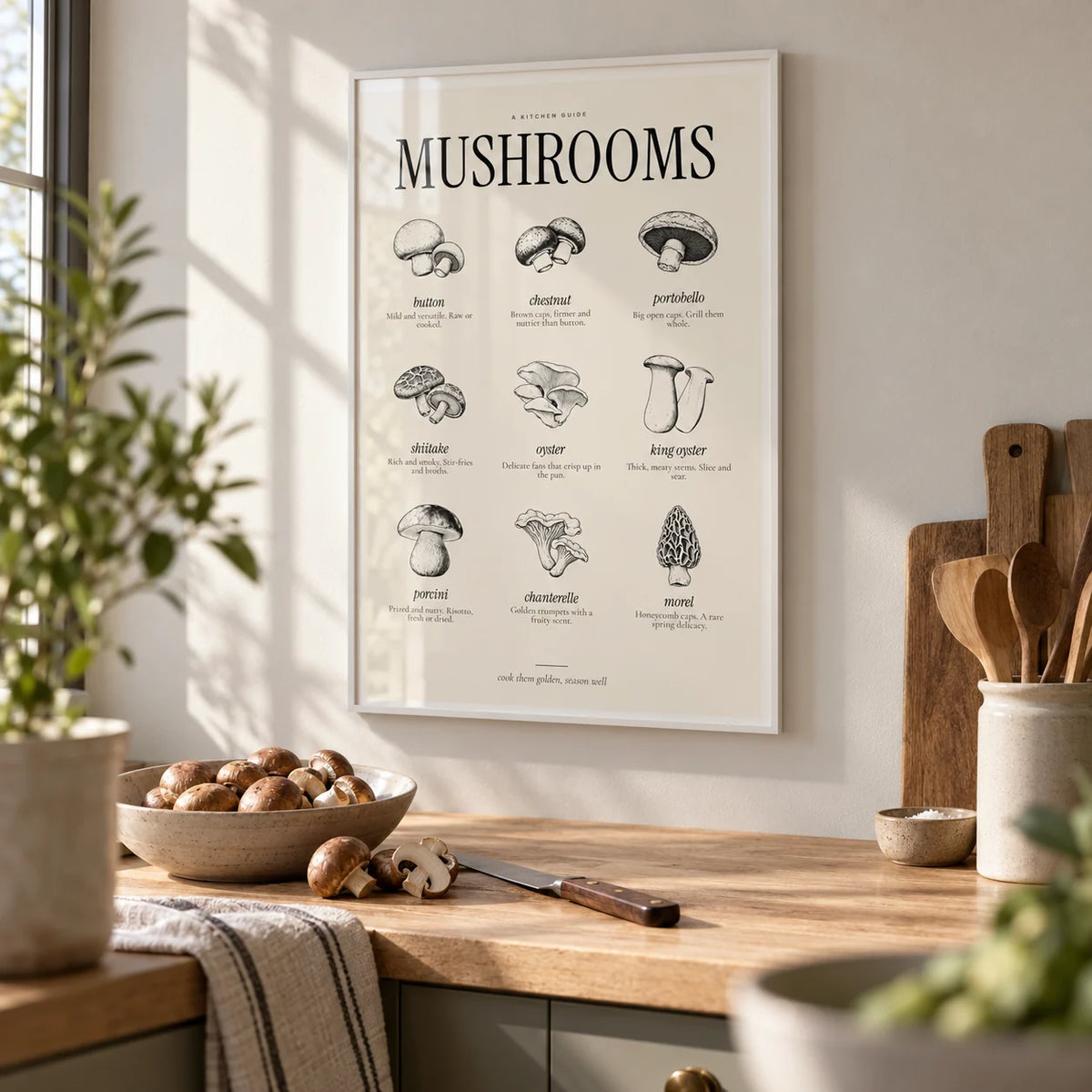 Types of Mushrooms Print, framed on the wall of a calm modern kitchen