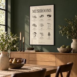 Types of Mushrooms Print, framed on the wall of a dining room with deep green walls