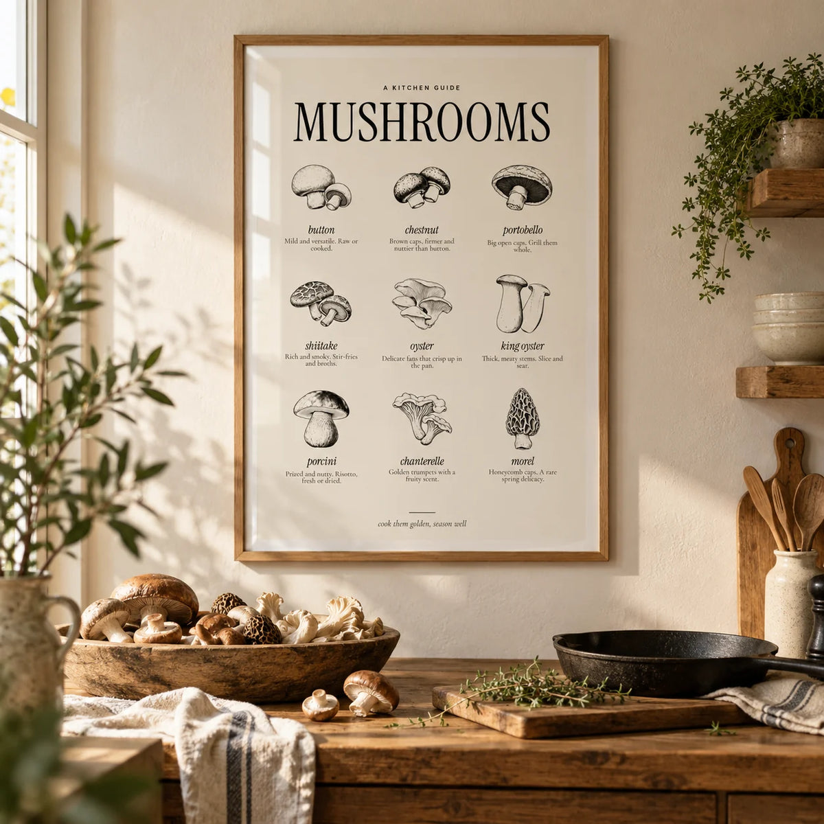 Types of Mushrooms Print, framed on the wall of a rustic kitchen