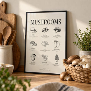 Types of Mushrooms Print, a small A4 framed print leaning on an oak worktop in a kitchen