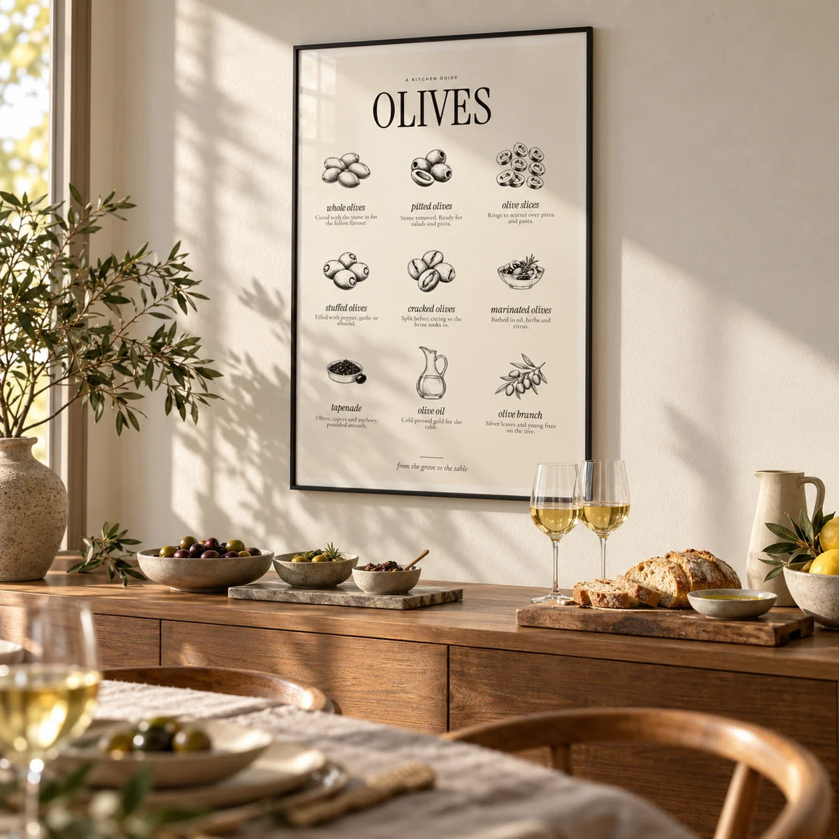 Types of Olives Print, framed on the wall of a dining room set for aperitivo