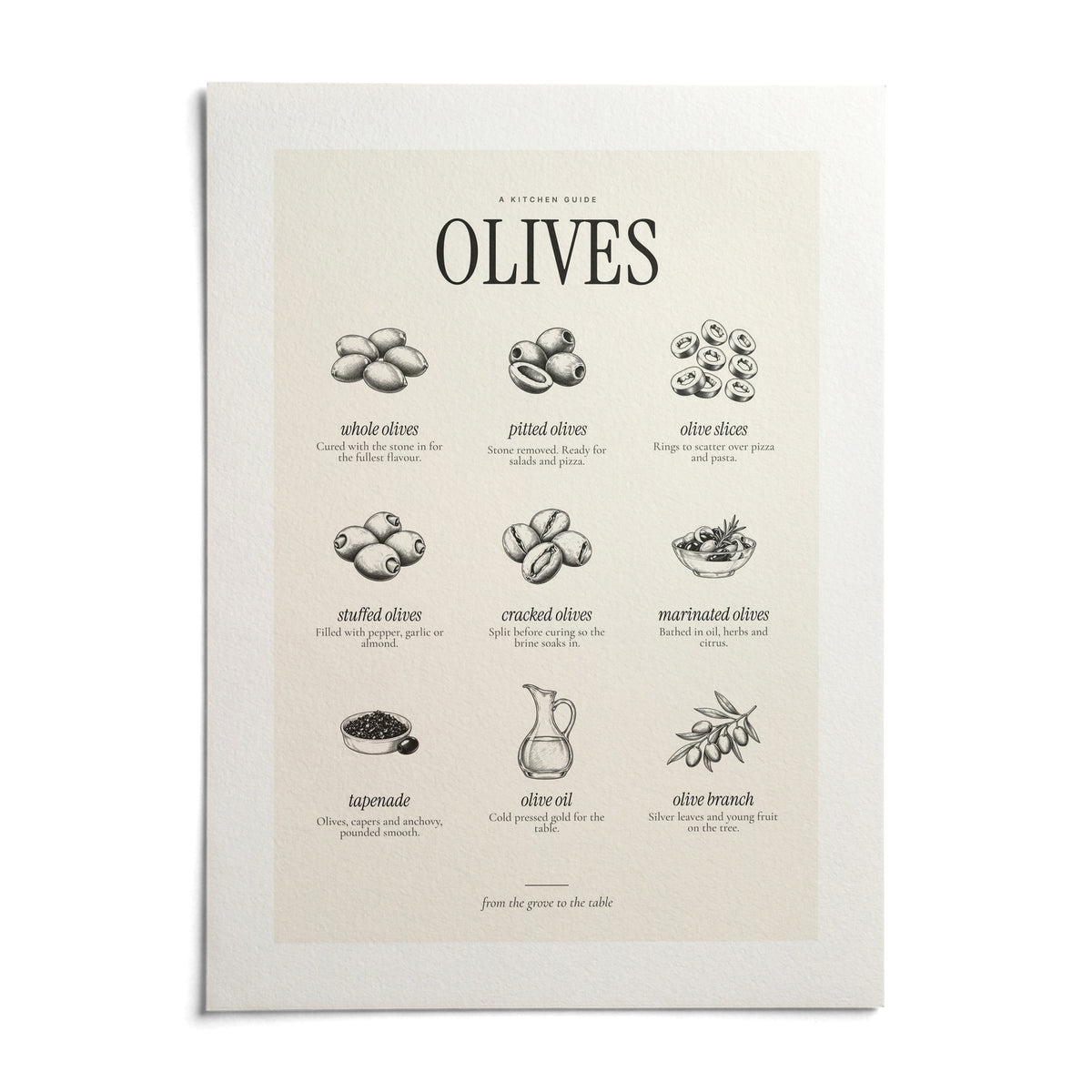 Types of Olives Print, shown as an unframed paper print on a plain white background