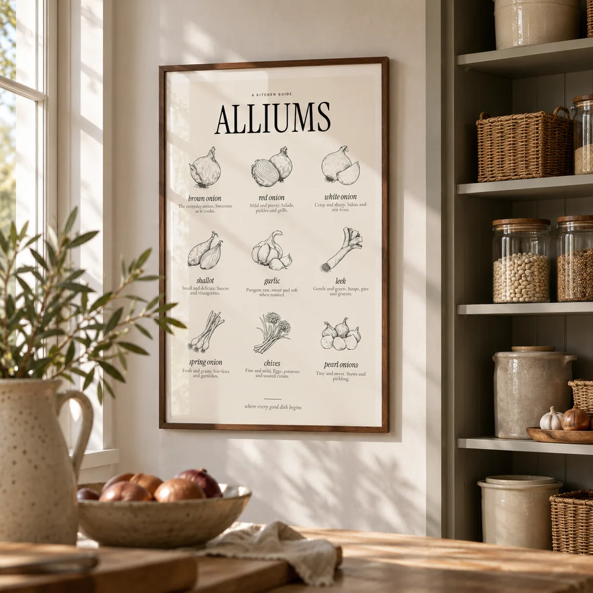 Types of Onions Print, framed on the wall of a pantry with painted shelves