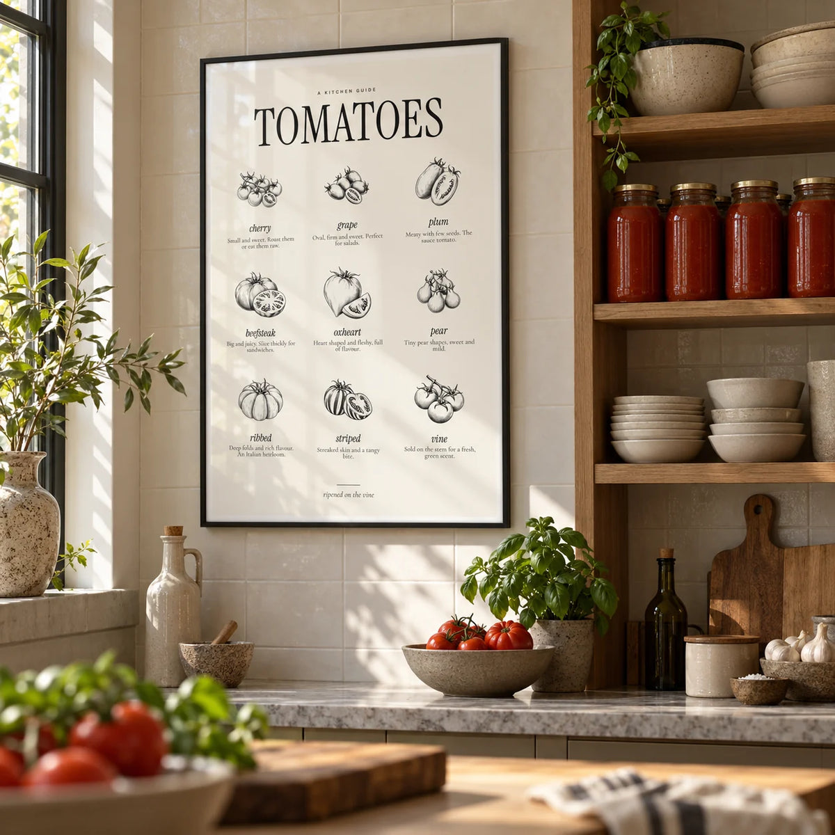 Types of Tomatoes Print, framed on the wall of a kitchen with open shelves