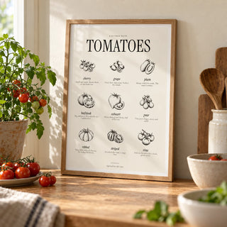Types of Tomatoes Print, a small A4 framed print leaning on an oak worktop in a kitchen