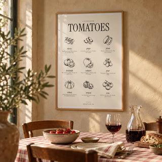 Types of Tomatoes Print, framed on the wall of a trattoria-style dining room