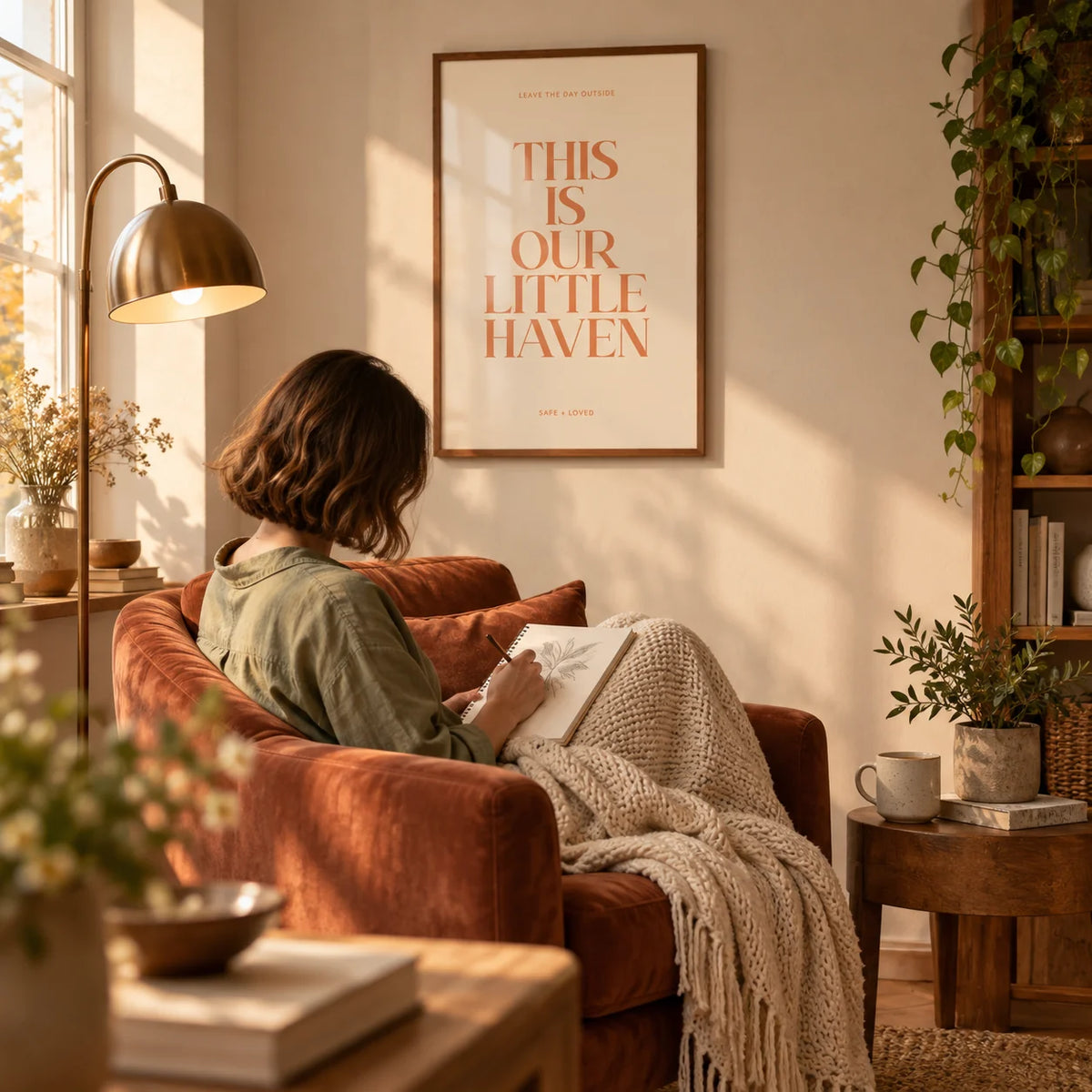 Typography Art Print, framed on the wall of a cosy reading nook in a living room