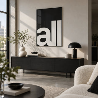 Typography Art Prints, framed on the wall of a design-led city flat living room with polished concrete