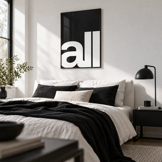 Typography Art Prints, framed on the wall of a monochrome young adult's bedroom (22-30) with a white wall