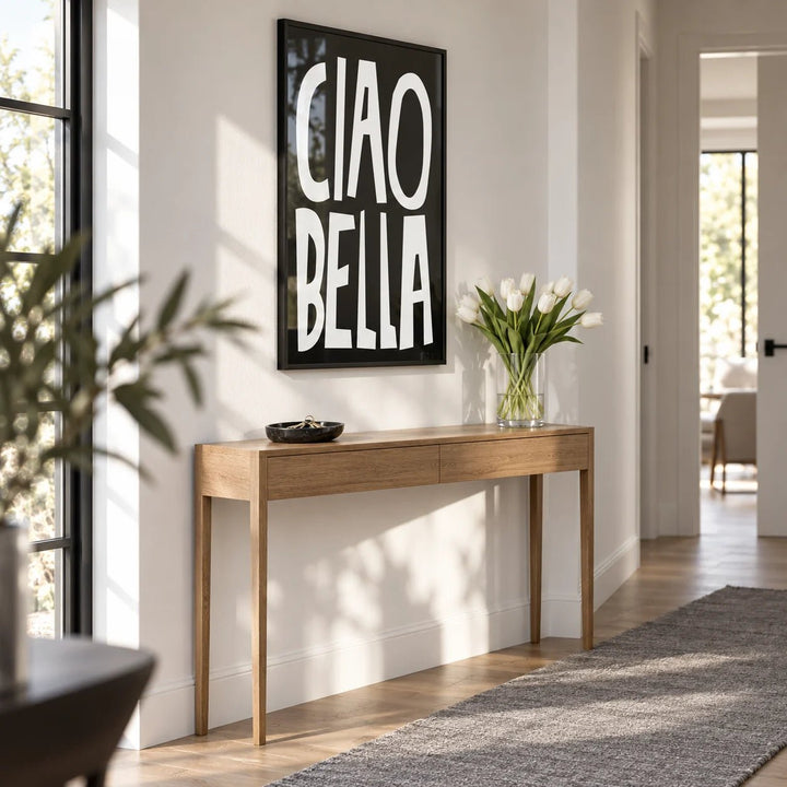 Typography Wall Art, framed on the wall of a bright modern hallway