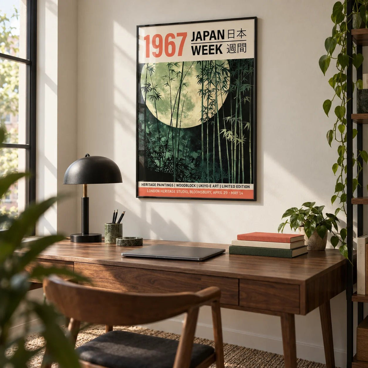 Ukiyo-e Prints, framed on the wall of a home office