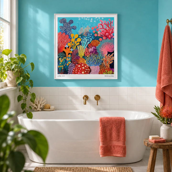 Under Sea Poster, framed on the wall of a bright bathroom with a turquoise painted wall and plain white tiles