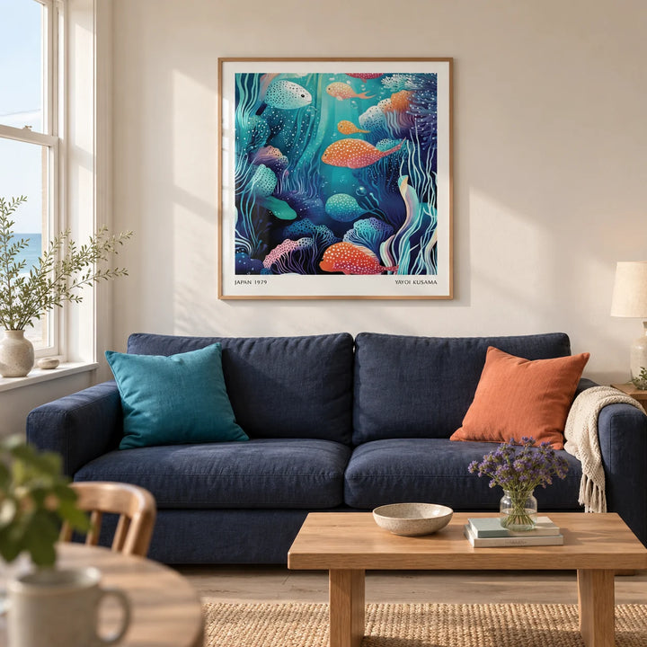 Underwater Artwork, framed on the wall of a contemporary living room in a UK seaside terrace with warm white walls and pale oak floorboards