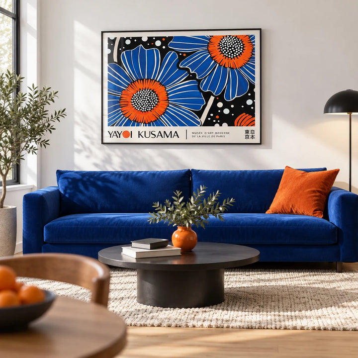 Unique Flower Art, framed on the wall of a bold modern living room with a crisp white wall and a pale oak floor