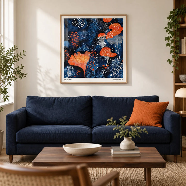 Unique Living Room Wall Art, framed on the wall of a modern living room in a UK city flat with warm white walls