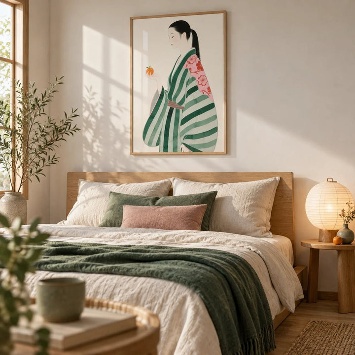 Unique Wall Art for Living Room, framed on the wall of a serene Japandi bedroom