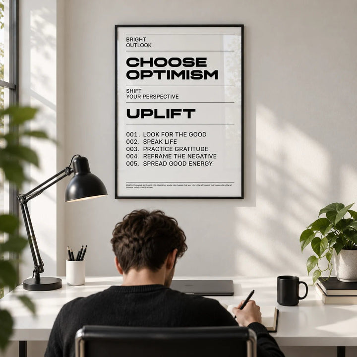Uplifting Wall Art, framed on the wall of a crisp home office